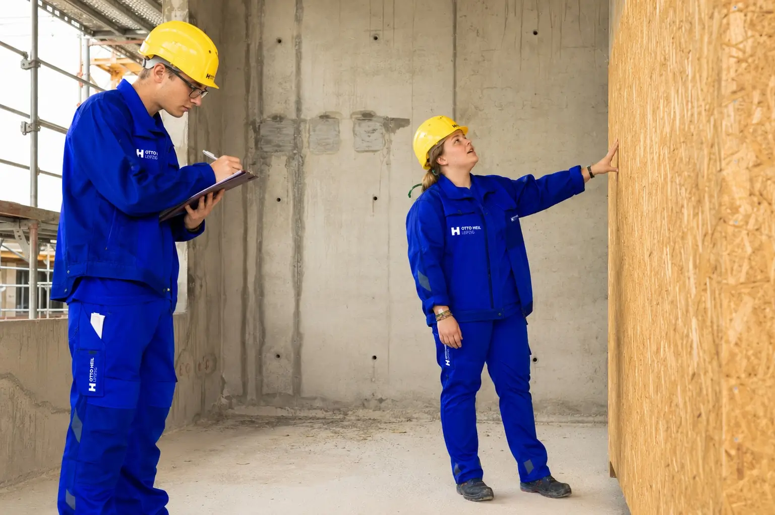Zwei Personen überprüfen auf einer Baustelle eine Wand
